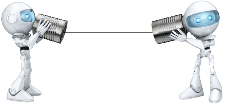 Two TeleMagic robot mascots standing side by side with the TeleMagic logo